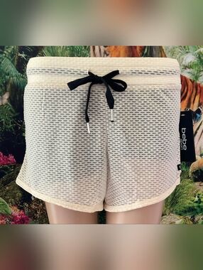 BEBE Cream Mesh Athletic Shorts with Black Drawstring NWT